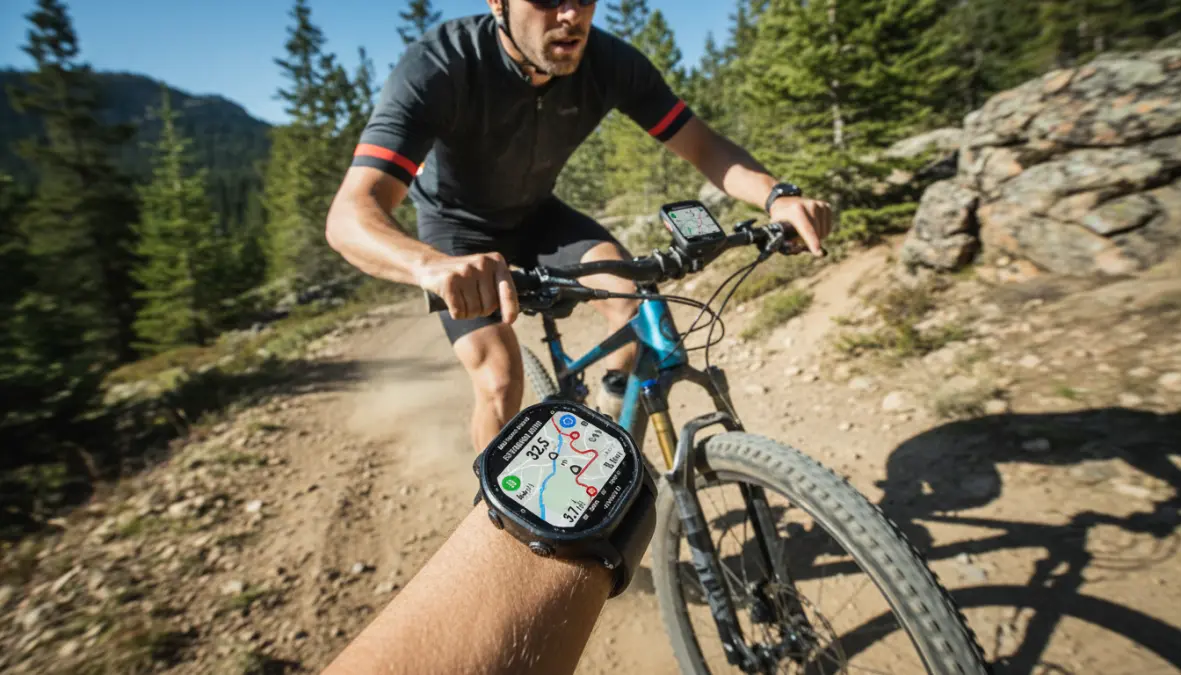Smartwatch per ciclismo con GPS e navigazione turn-by-turn durante uscita in mountain bike