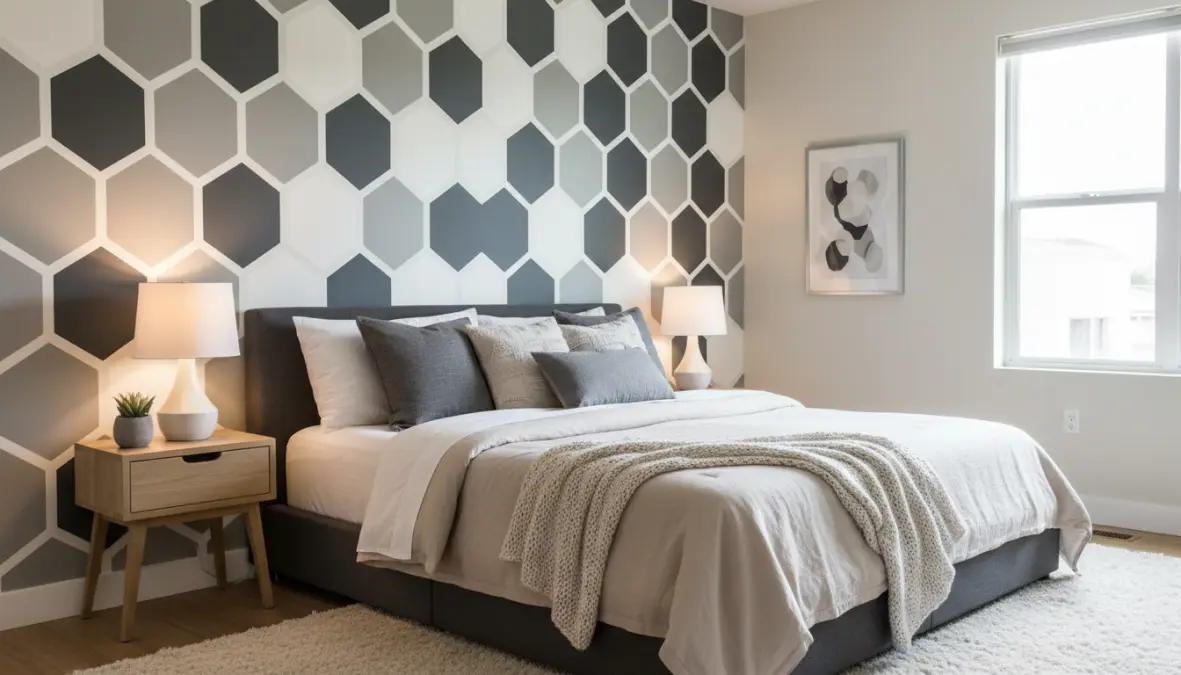 Camera da letto moderna decorata con stencil geometrici su parete accent wall