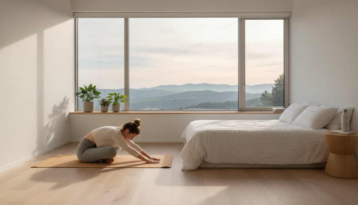 Donna che pratica stretching mattutino su tappetino yoga in camera luminosa al risveglio