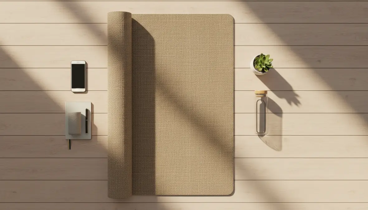 Setup per routine stretching quotidiano a casa, tappetino e spazio per esercizi mattutini