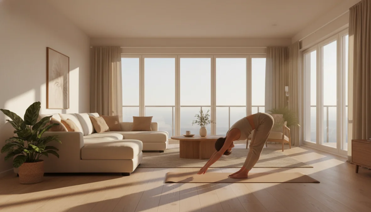 Persona che pratica stretching quotidiano su tappetino in casa per migliorare flessibilità e postura