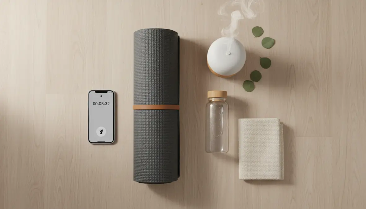 Setup per routine stretching quotidiano casa con accessori per esercizi di flessibilità