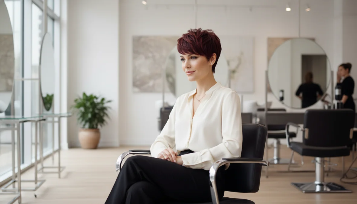 Donna con tagli capelli corti moderni in salone di parrucchiere professionale