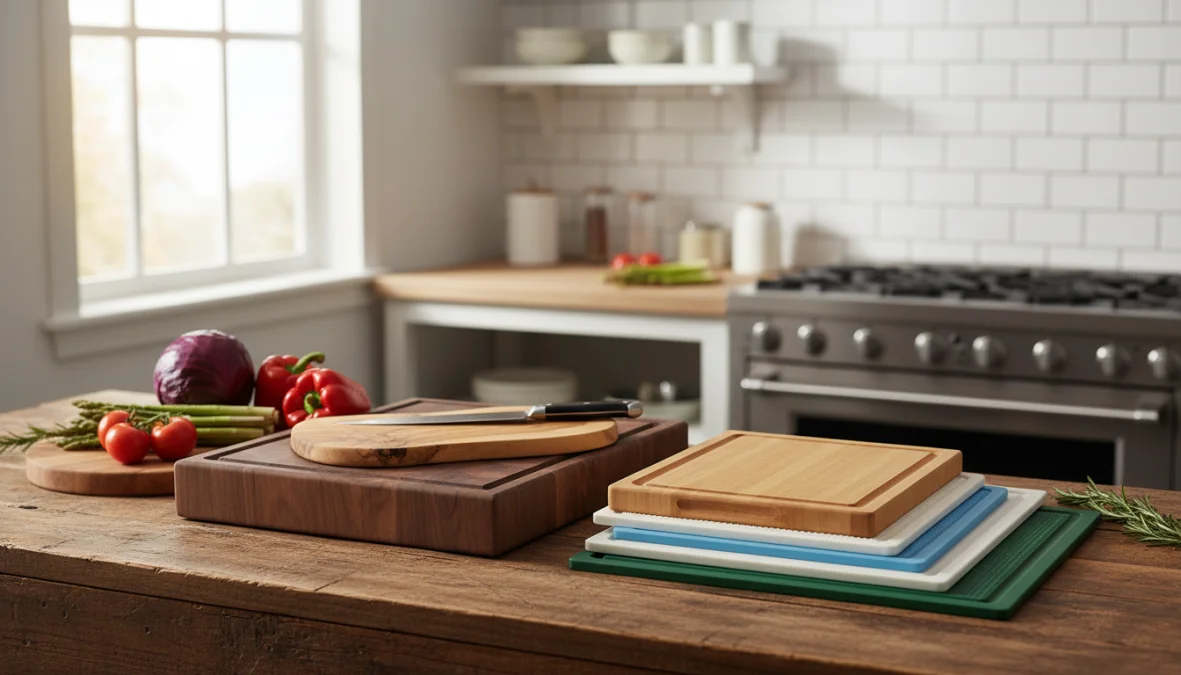 Diversi tipi di tagliere cucina in legno, bambù e plastica su piano di lavoro