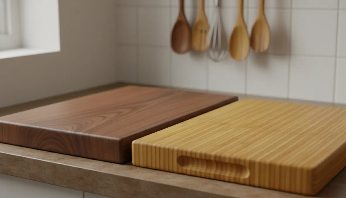 Confronto tagliere legno e tagliere bambù con dettaglio delle venature naturali