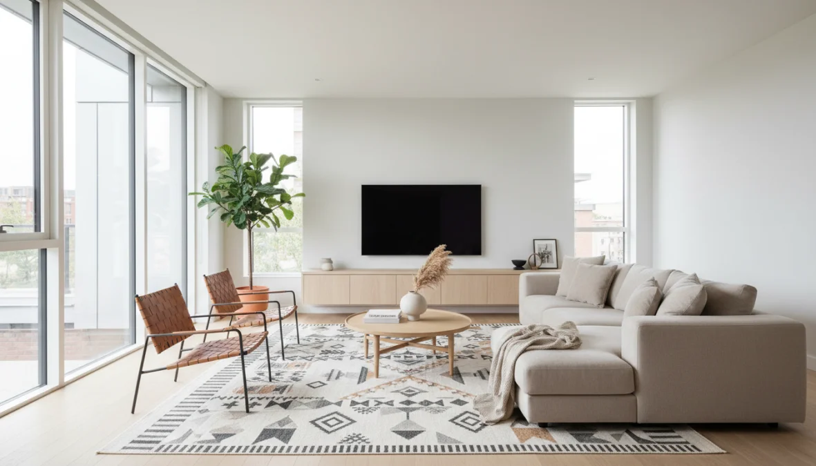 Tappeto moderno geometrico in soggiorno contemporaneo con arredamento minimalista e palette colori neutri