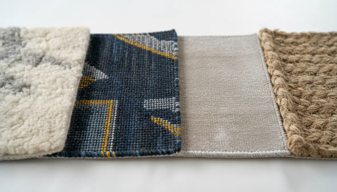 Dettaglio materiali tappeti moderni: fibre naturali, lana, polipropilene e viscosa a confronto