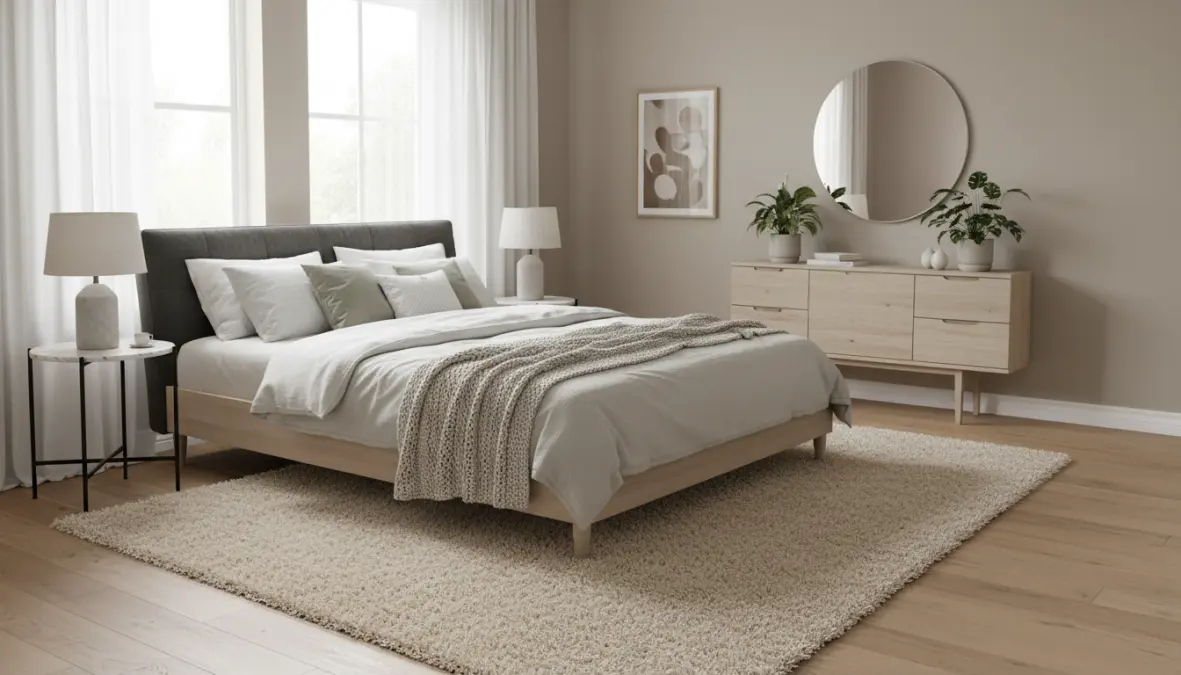 Tappeto moderno posizionato correttamente in camera da letto con dimensioni ideali sotto il letto