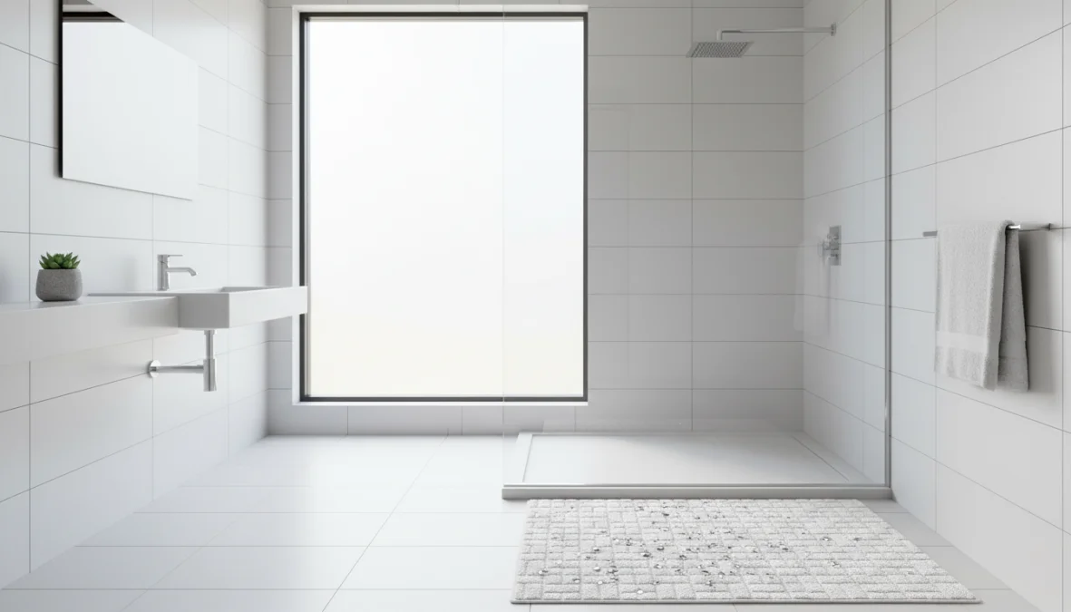Tappetino bagno antiscivolo posizionato davanti alla doccia in bagno moderno