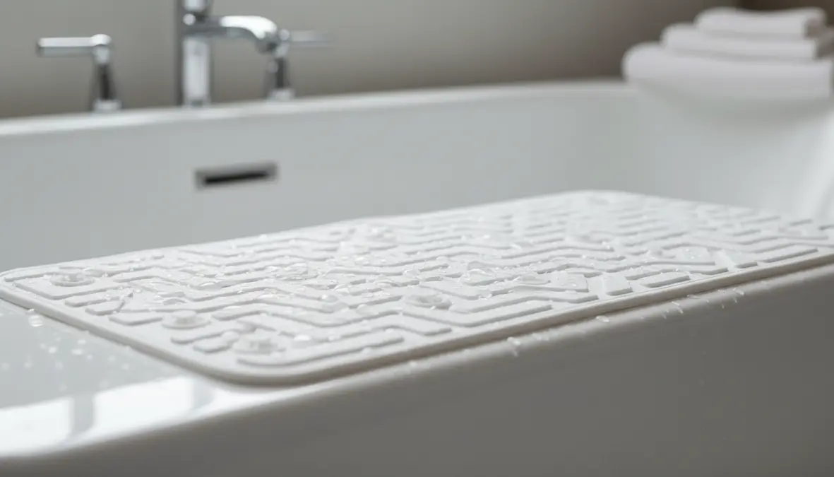 Dettaglio tappetino doccia antiscivolo con ventose fissate sulla vasca da bagno