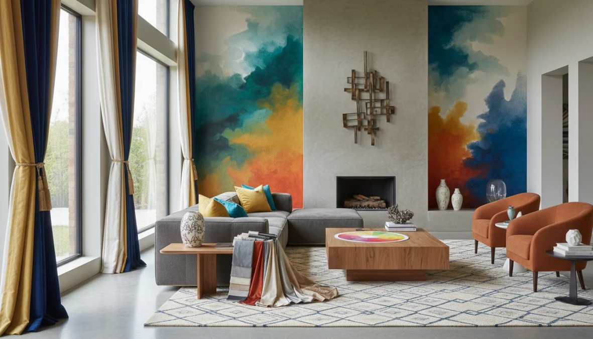 Tende per pareti colorate in soggiorno moderno con diversi abbinamenti cromatici