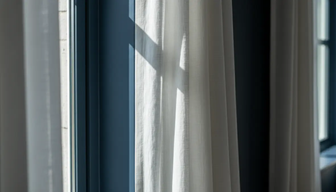 Tende chiare per pareti scure che creano equilibrio luminoso nell'ambiente