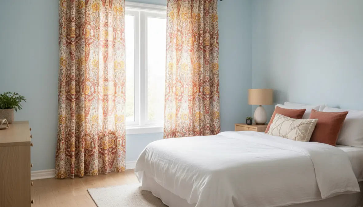 Tende colorate su pareti chiare in camera da letto con abbinamento a contrasto