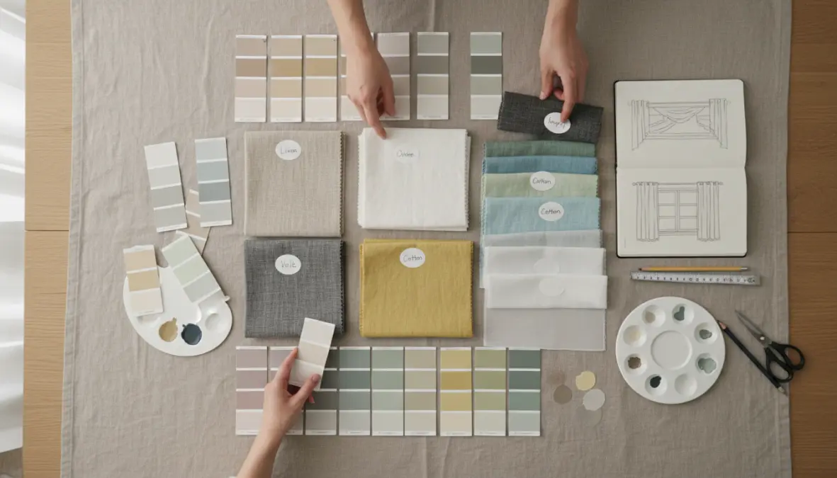 Campioni di tessuti per tende e palette colori per coordinare tende e pareti