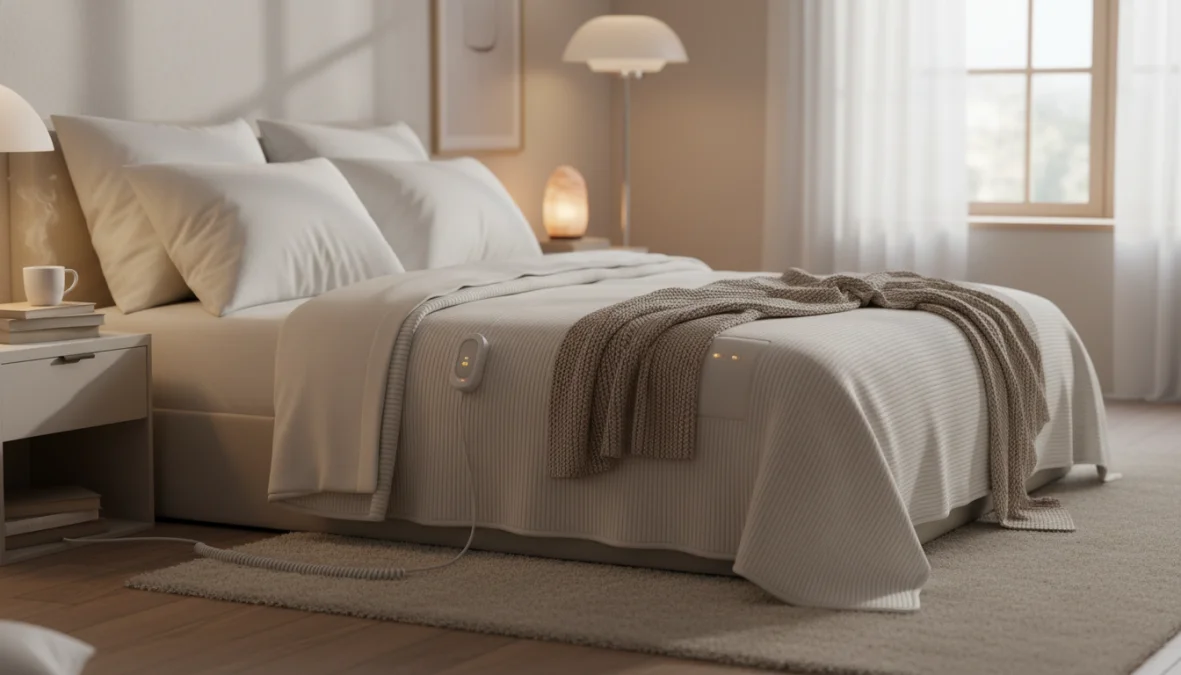 Termocoperta elettrica moderna su letto matrimoniale in camera da letto accogliente