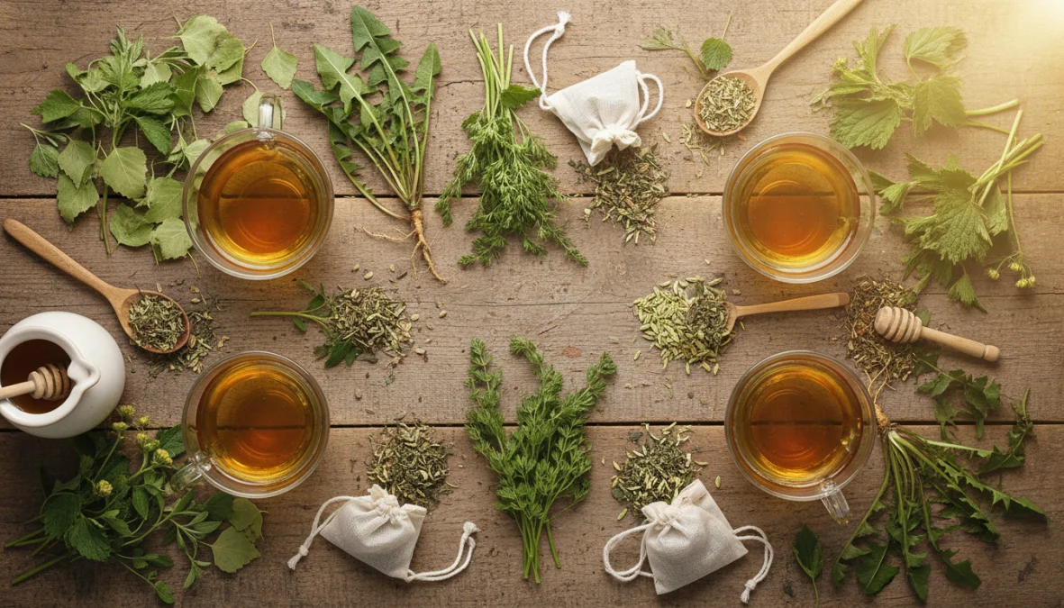 Tisane drenanti naturali con diverse erbe officinali disposte su tavolo in legno