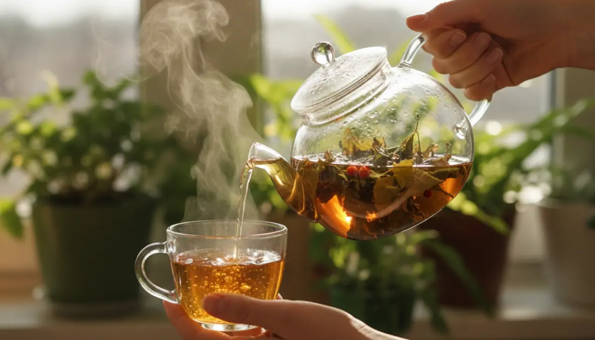 Preparazione di tisana drenante alla betulla versata da teiera in vetro