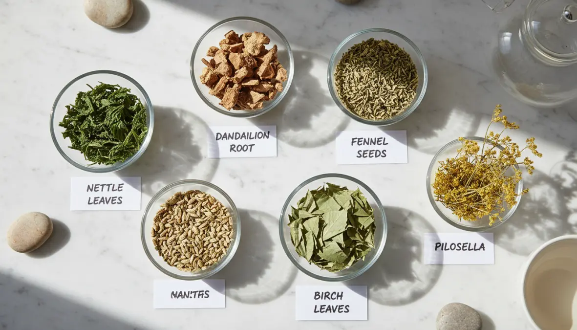 Erbe essiccate per tisane drenanti efficaci disposte in ciotole di vetro