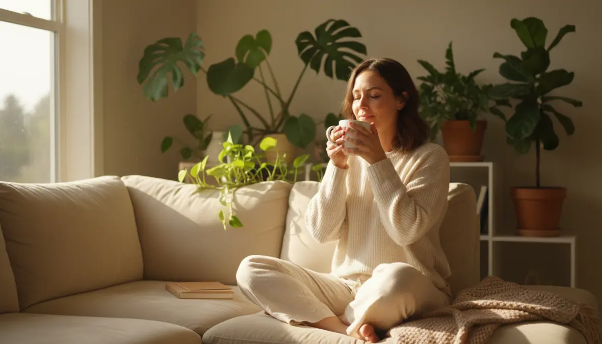 Donna che beve tisana drenante per contrastare la ritenzione idrica