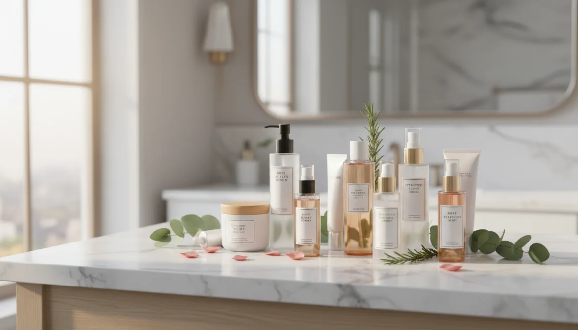 Tonico viso e prodotti skincare disposti su superficie elegante con elementi naturali