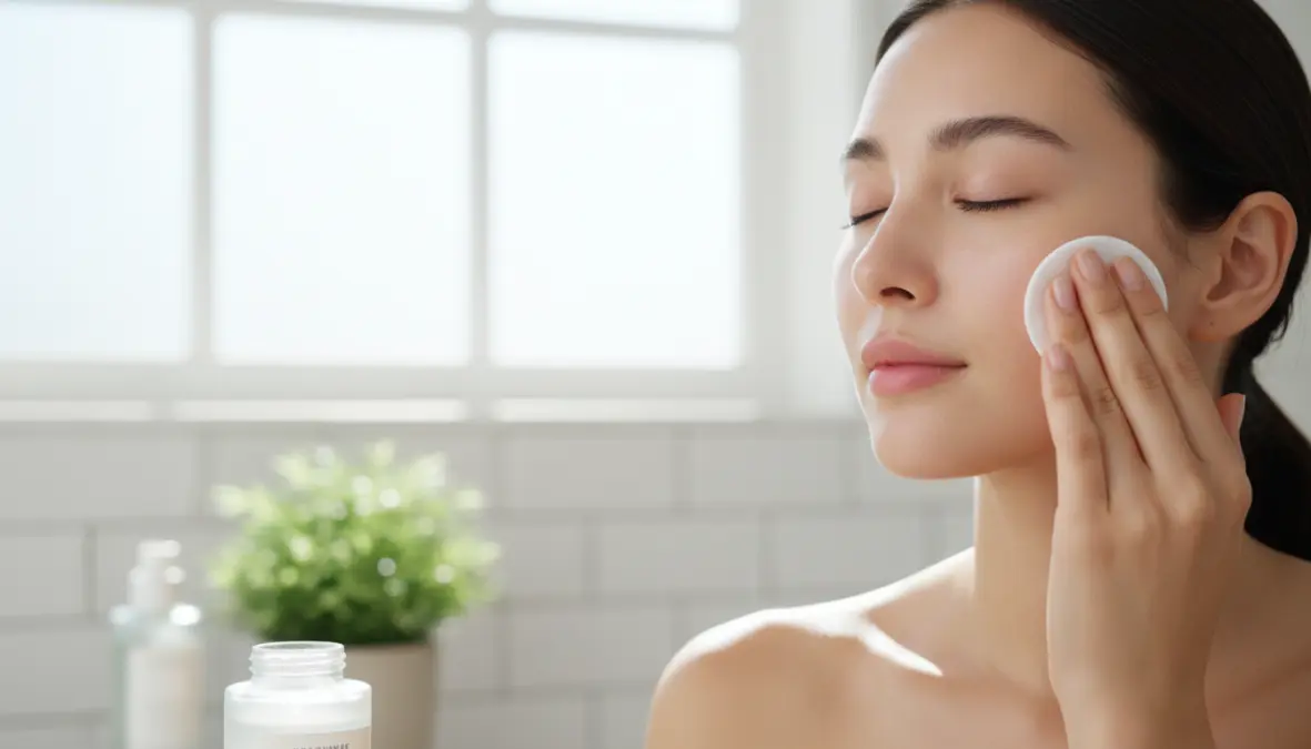 Applicazione corretta del tonico viso sul viso durante la skincare routine