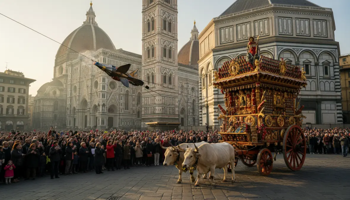 Scoppio del Carro a Firenze durante le celebrazioni pasquali tradizionali italiane
