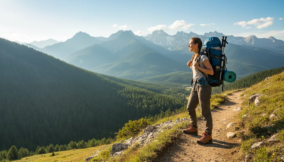 Escursionista principiante con equipaggiamento trekking base su sentiero di montagna panoramico