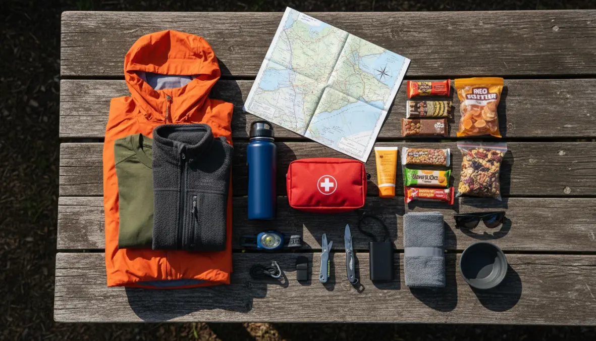 Cosa mettere nello zaino per trekking giornaliero: equipaggiamento essenziale disposto su tavolo