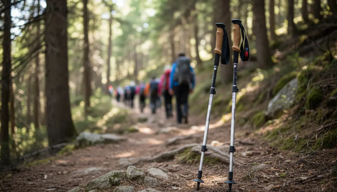 Bastoncini da trekking telescopici su sentiero di montagna per principianti