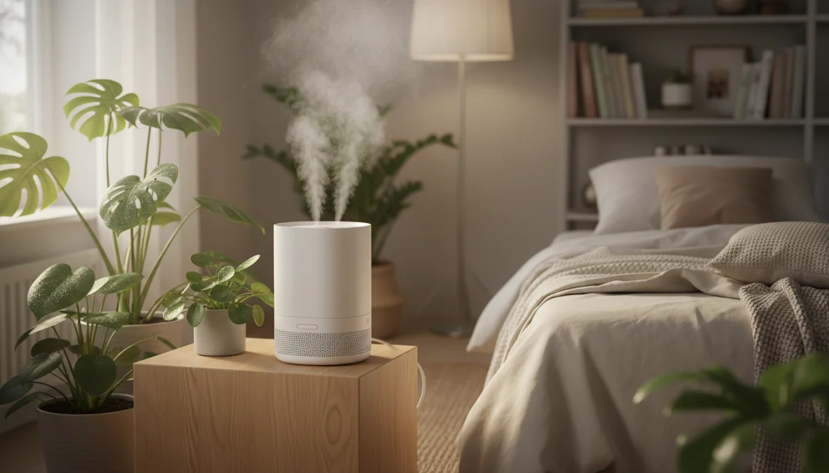 Umidificatore ambiente moderno che rilascia vapore acqueo in una camera da letto accogliente