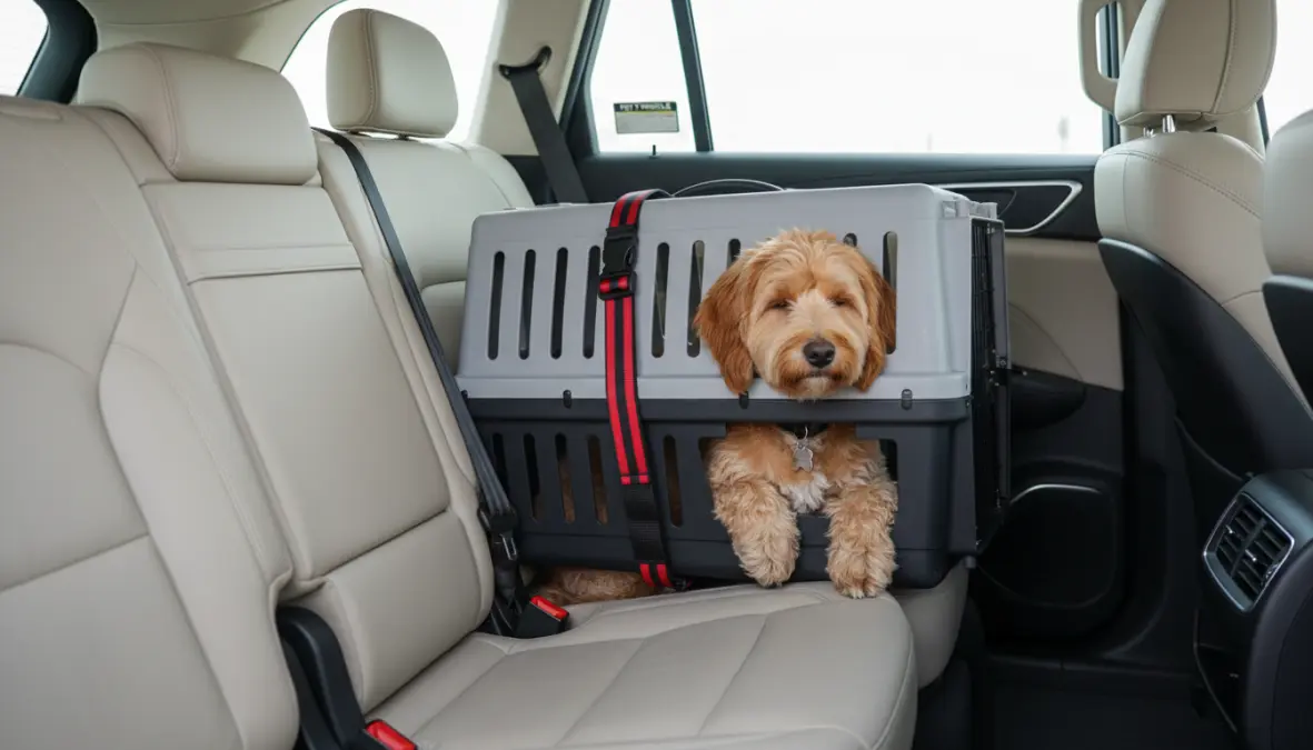 Cane in auto sicuro con trasportino omologato e cintura di sicurezza per animali