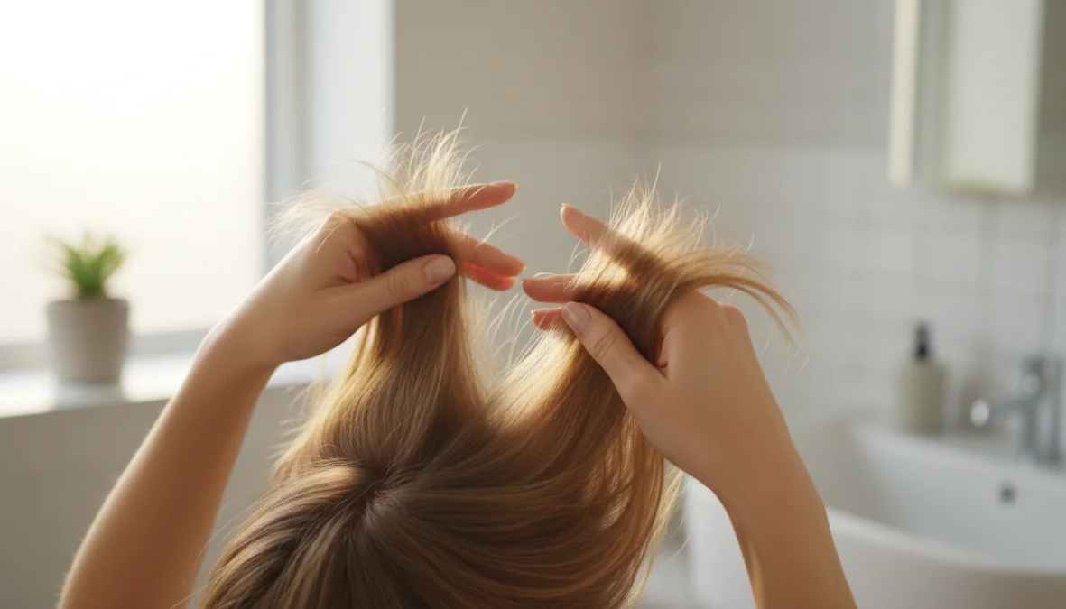 Donna solleva capelli sottili alle radici per mostrare volume naturale e corpo