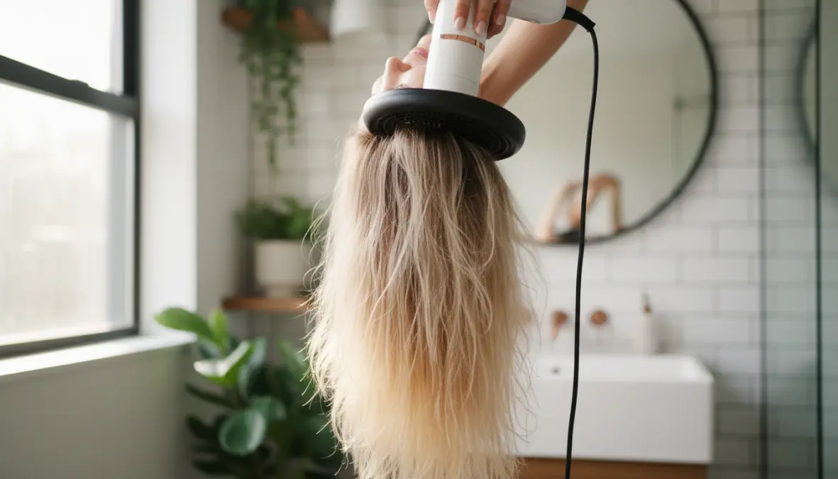 Tecnica di asciugatura a testa in giù per dare volume ai capelli sottili