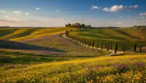 Paesaggio primaverile italiano con colline fiorite perfetto per un weekend fuori porta