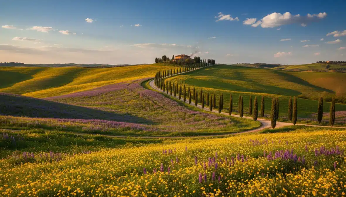 Paesaggio primaverile italiano con colline fiorite perfetto per un weekend fuori porta