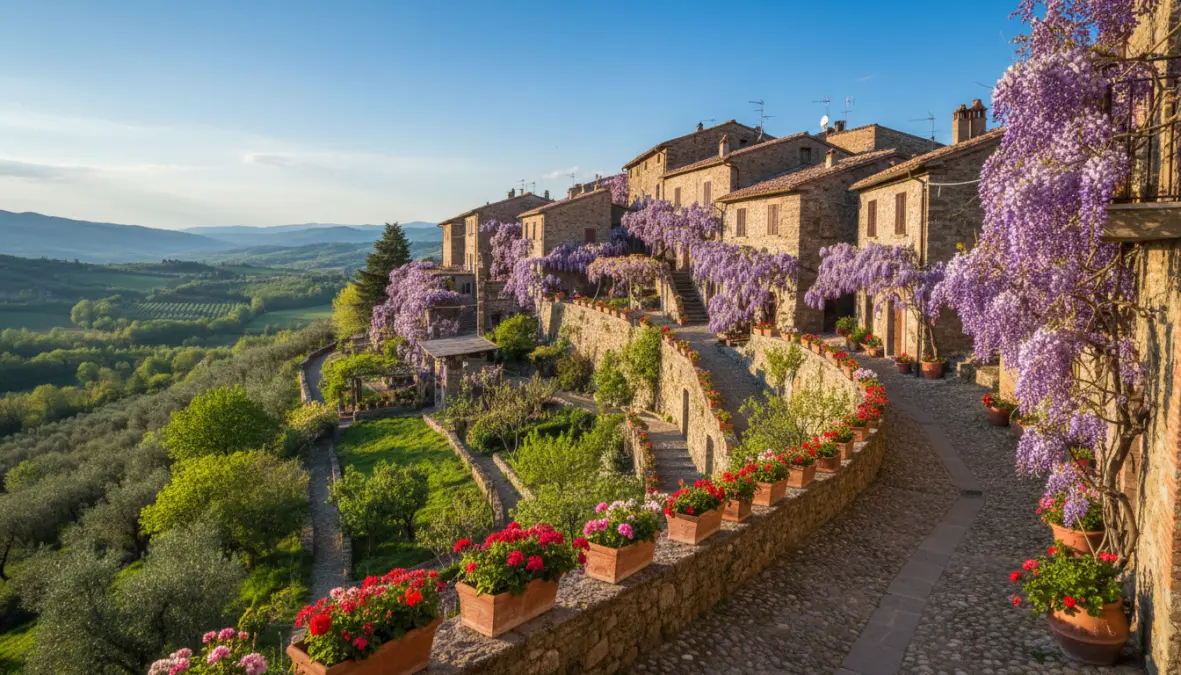 Borgo medievale italiano in fiore durante la primavera perfetto per gite fuori porta
