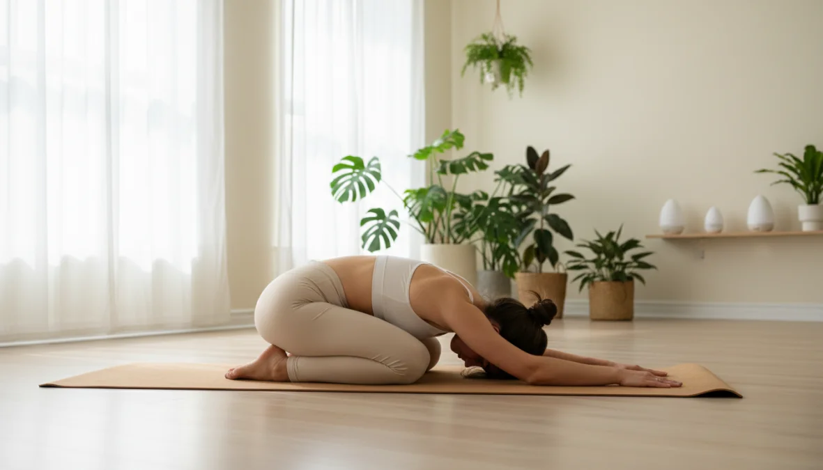 Donna pratica yoga per il mal di schiena in posizione del bambino su tappetino