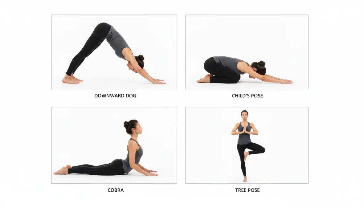 Sequenza di posizioni yoga base per principianti: Cane a Testa in Giù, Bambino, Cobra e Albero