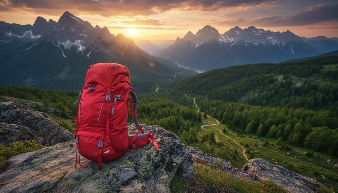 Zaino da trekking rosso su sentiero di montagna con panorama alpino
