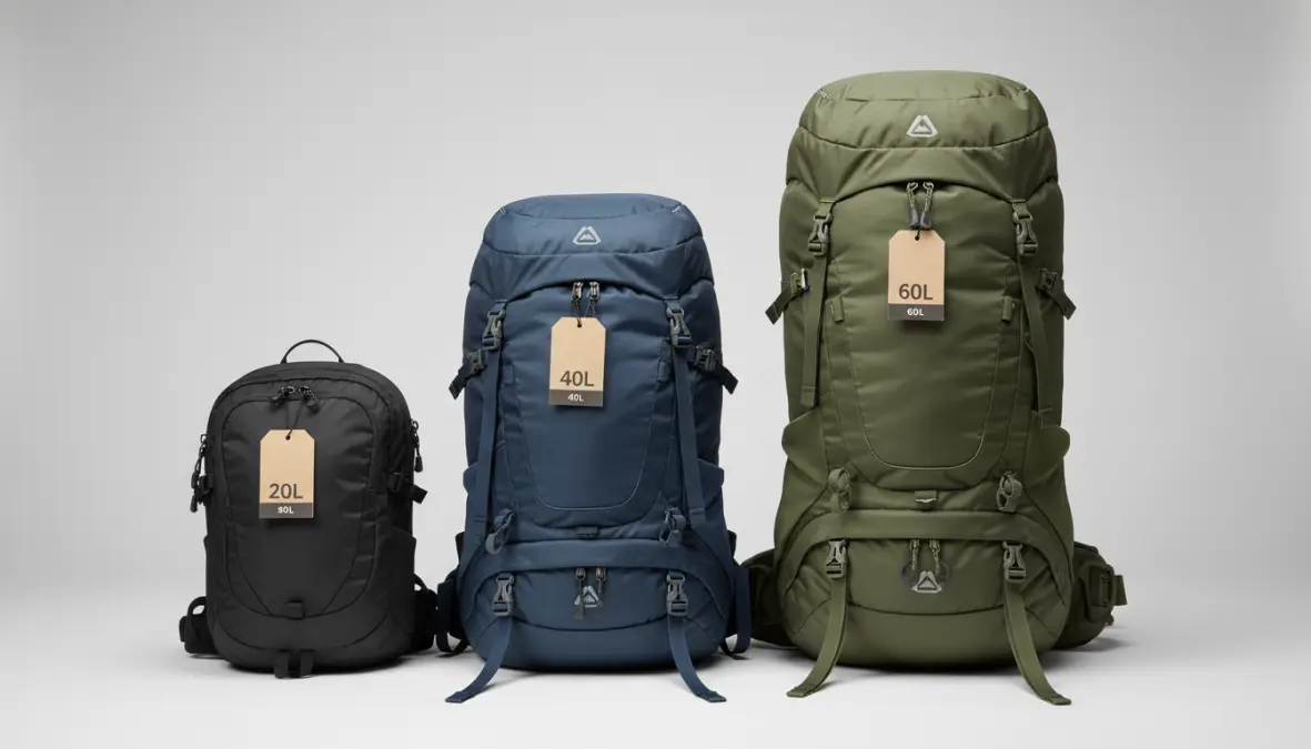 Confronto capacità zaini da trekking di diverse dimensioni in litri