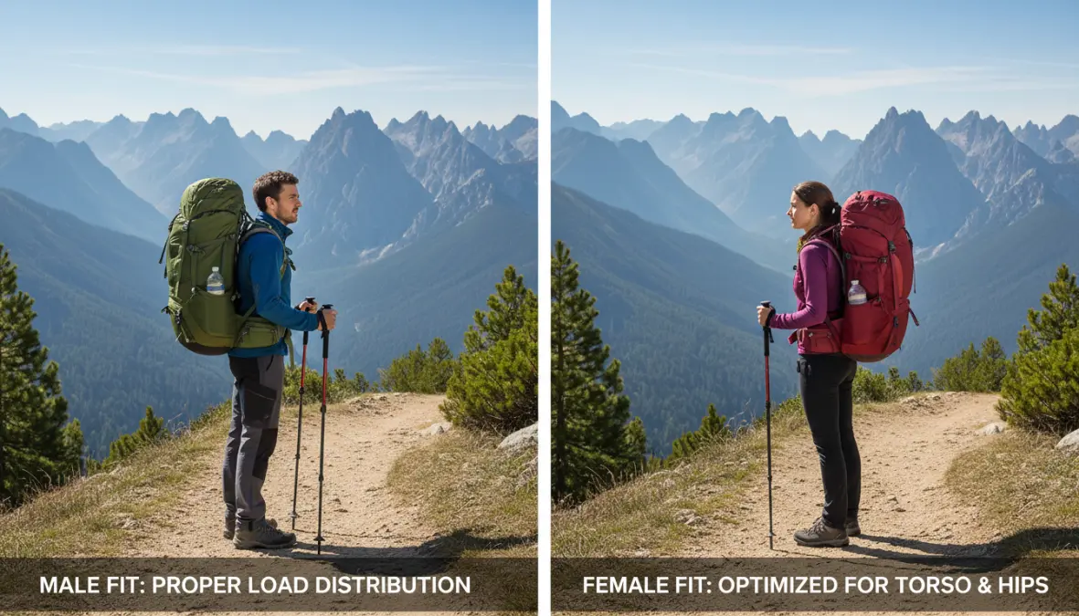 Zaino trekking uomo e donna correttamente regolati durante escursione