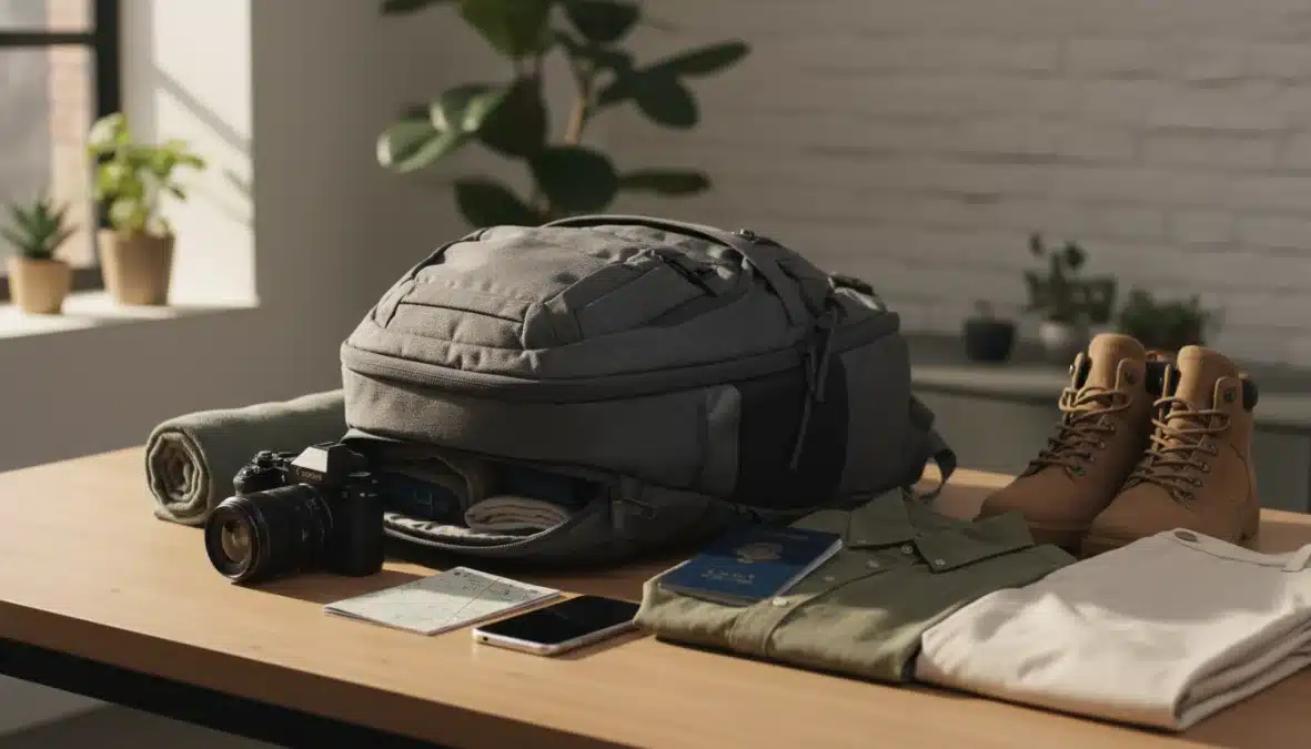 Zaino da viaggio moderno con accessori essenziali per viaggiare organizzati