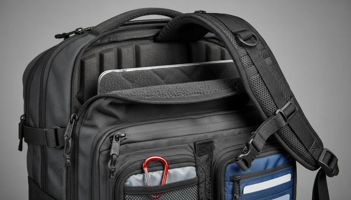 Dettaglio schienale ergonomico e scomparti organizer di zaino da viaggio moderno