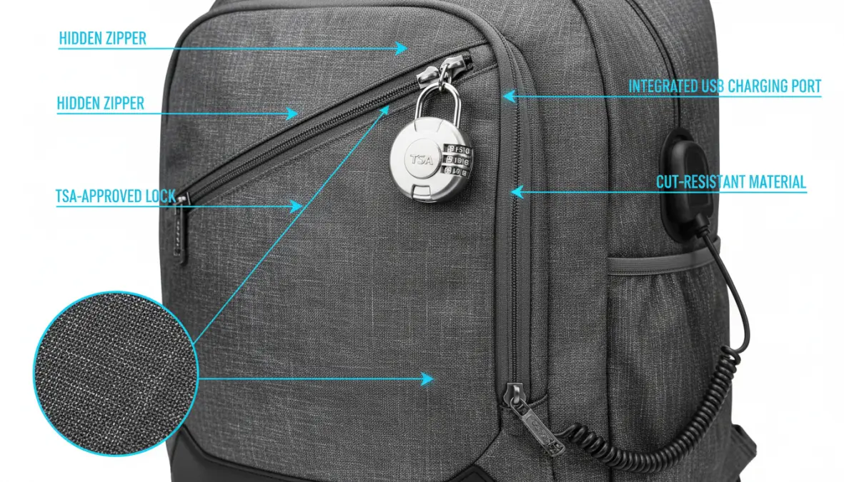 Zaino antifurto per viaggiare con porta USB e caratteristiche di sicurezza