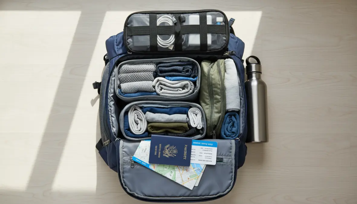 Organizzazione perfetta dello zaino da viaggio con metodo rolling e cubi organizzatori