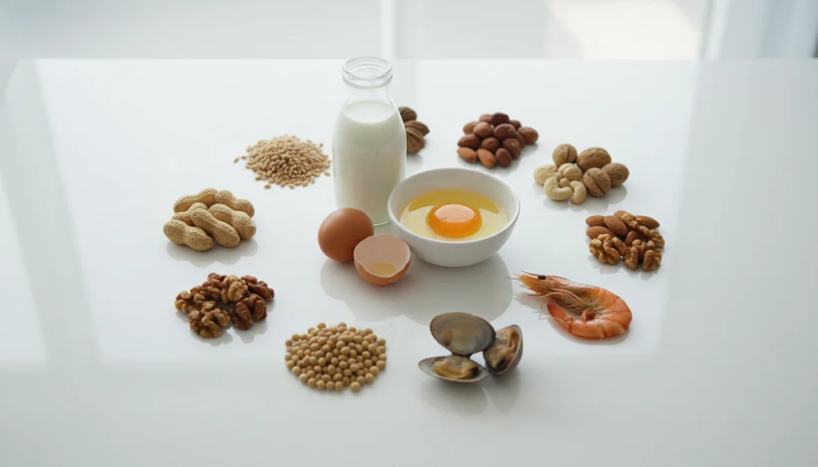 Allergeni alimentari comuni disposti su superficie bianca: arachidi, latte, uova e altri cibi che causano allergie alimentari