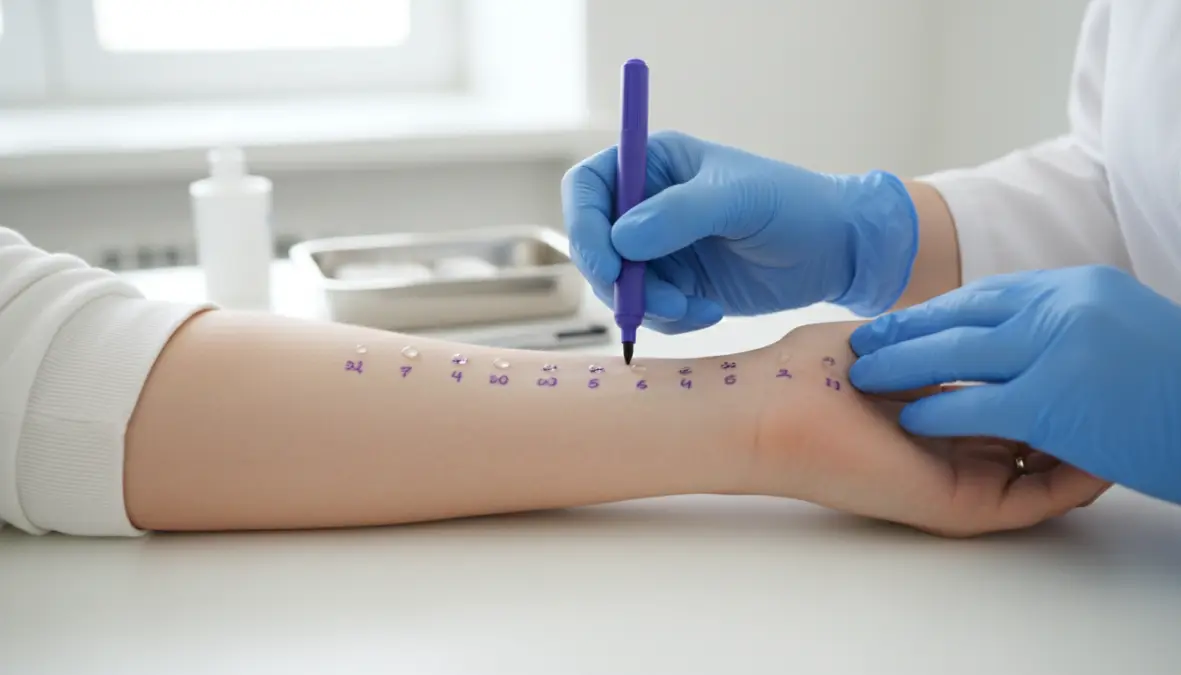 Medico allergologo esegue prick test per diagnosi allergie alimentari sul braccio di un paziente