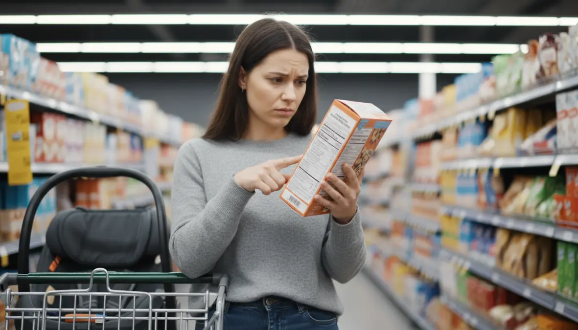 Donna legge attentamente etichette alimentari al supermercato per verificare presenza di allergeni