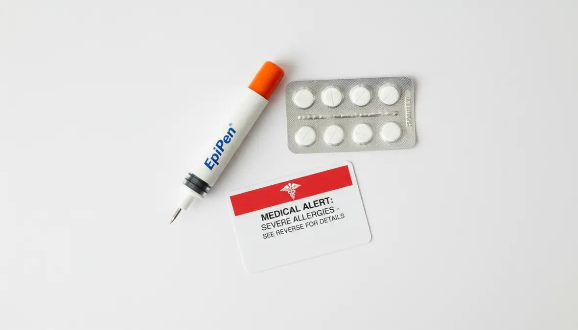 Kit di emergenza per allergie alimentari con adrenalina autoiniettabile e antistaminici per reazioni allergiche