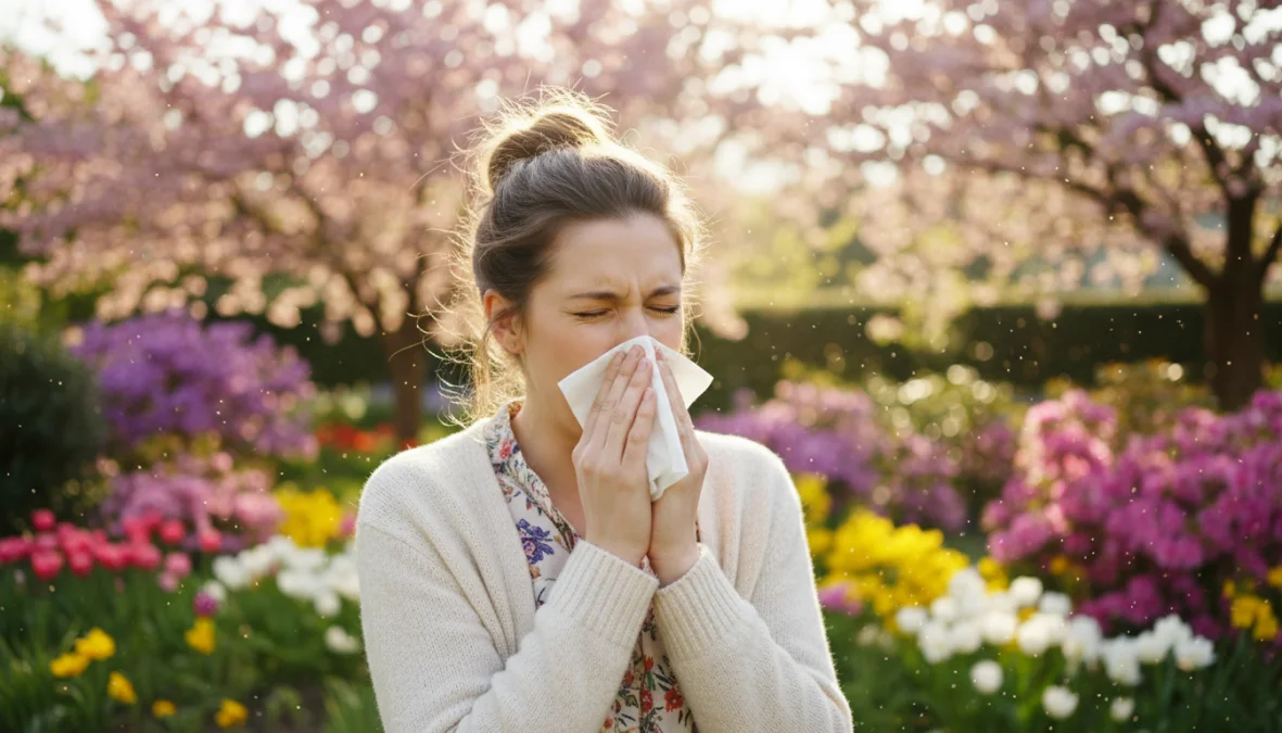 Donna con sintomi di allergie primaverili in giardino fiorito circondata da pollini